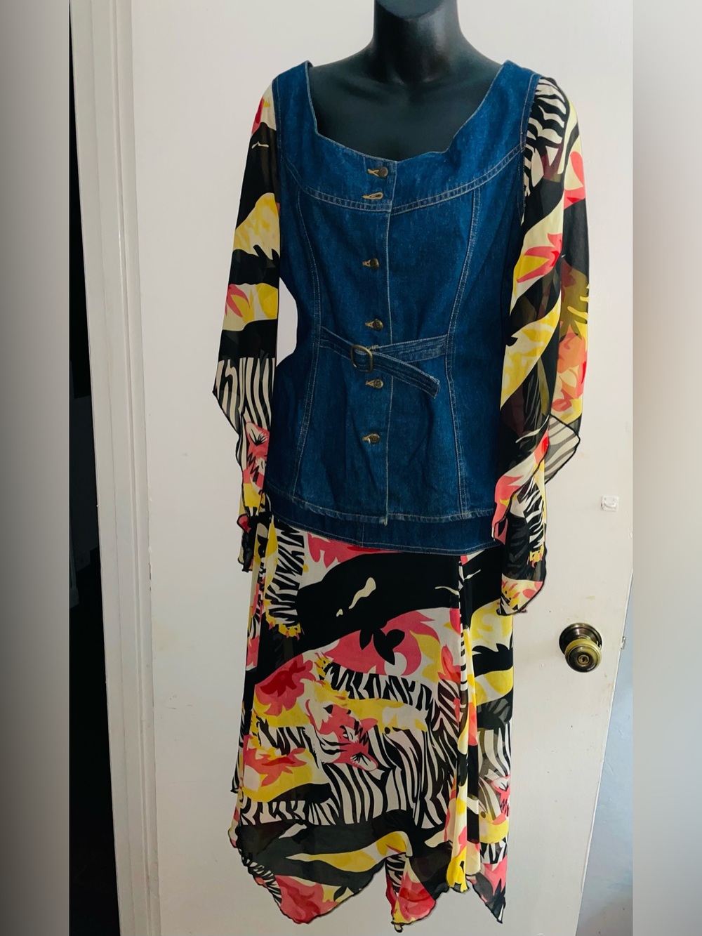 metrostyle Denim Bodice Maxi Size 2pc with Multicolor Floral & Zebra Print